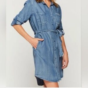 Velvet Heart Denim Blue Long Sleeve Shirt Dress With Hi-lo Hem, Pockets & Belt